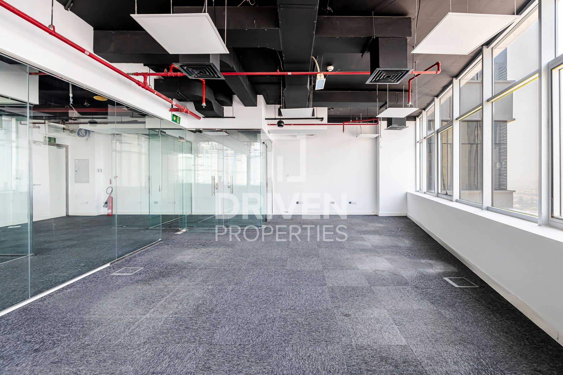 Partitioned Office Corner with Skyline View